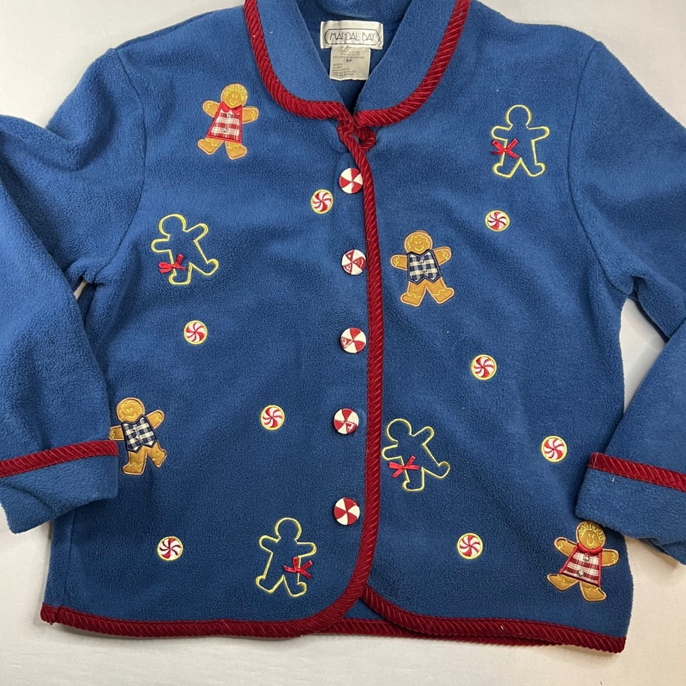 Vintage Mandal Bay Women Christmas Gingerbread Fleece Cardigan| Small | Holiday